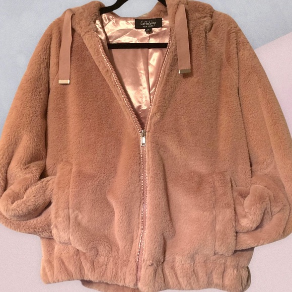 COFEE SHOP New York Pink Soft Feux Fur Silk Interior Hooded Dress Jacket Size XL - Picture 2 of 11